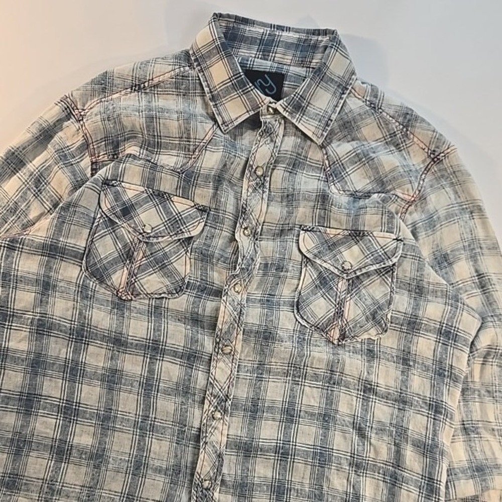 Pinto Ranch Plaid Western Shirt Mens Large L Long Sleeve Pearl‎ Snap Blue White